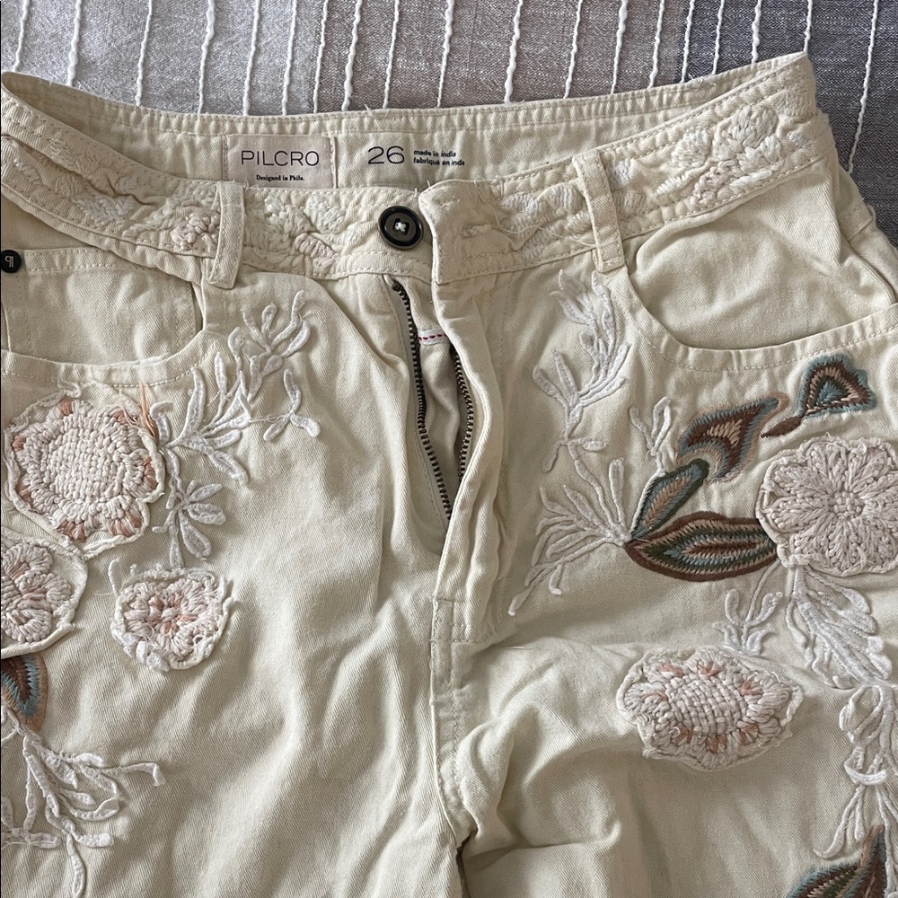 Pilcro Cream Floral Embroidered Pants